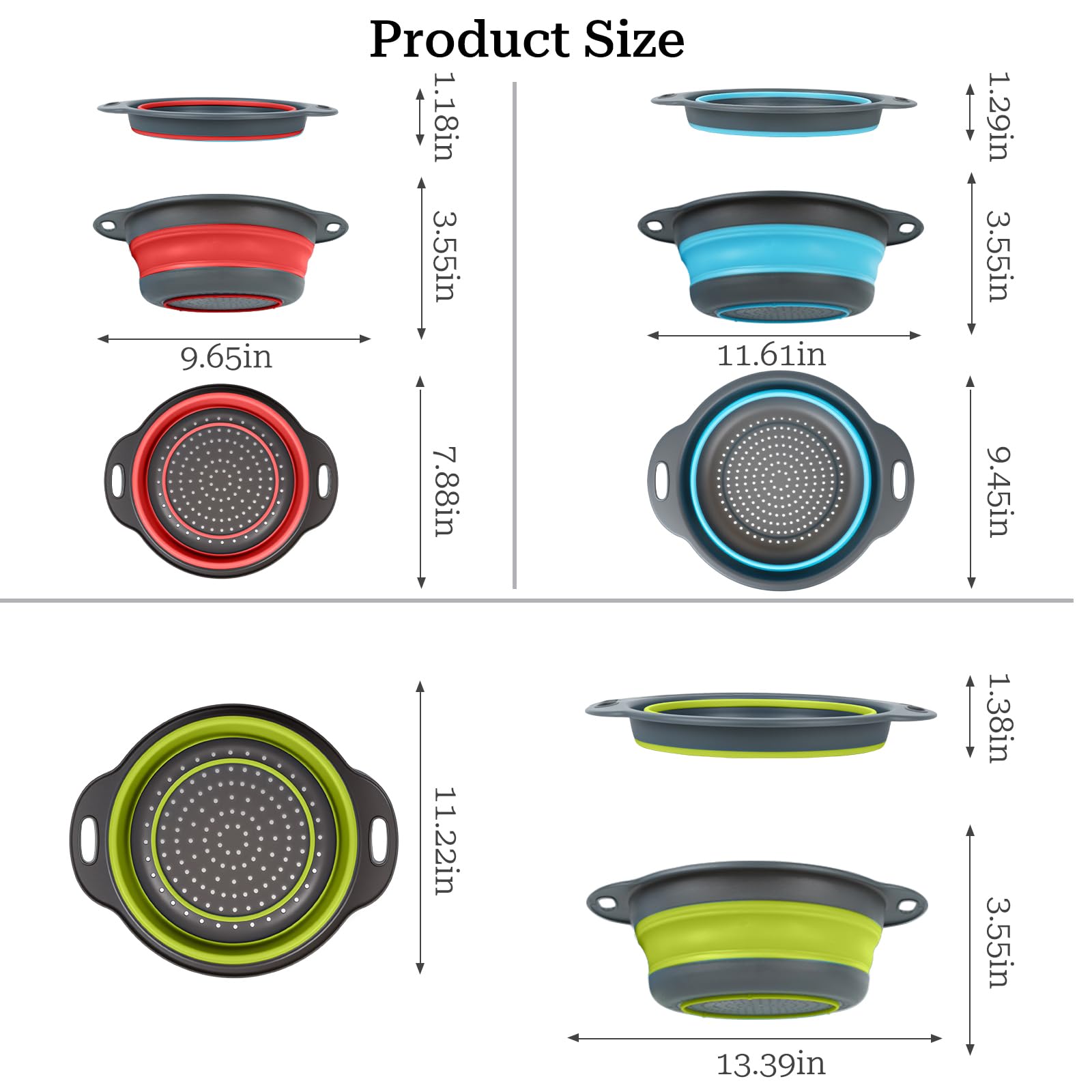 Cluren Collapsible Colander 3-Pack Set Space-Saving Foldable Kitchen Strainer with Non-Slip Base Durable Thickened PP+TPE Collapsible Strainers for Pasta, Vegetables, Fruits (Gray-Blue-Red-Green)