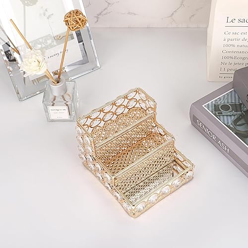 Miniatura 3 de Hipiwe Titular de Tarjetas de Visita de Cristal - Soporte de Exhibición de Tarjetas de Nombre de 3 Niveles Espejo Dorado Organizador de