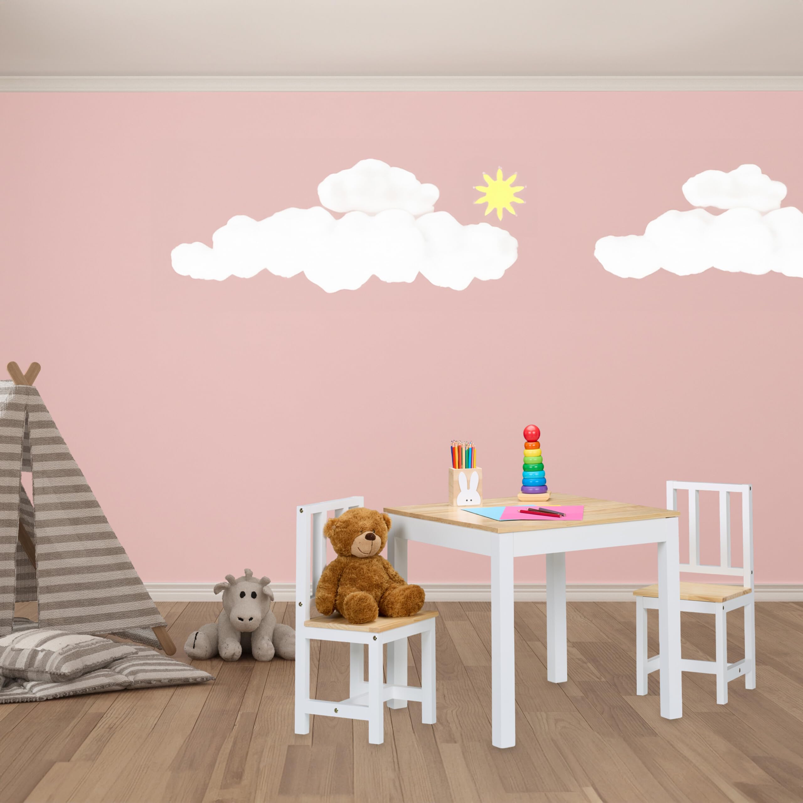 Relaxdays Mesa y 2 Sillas Infantiles, 3 Piezas, Mobiliario para Niños y Niñas, Set de Muebles Dormitorio, Blanco/Natural