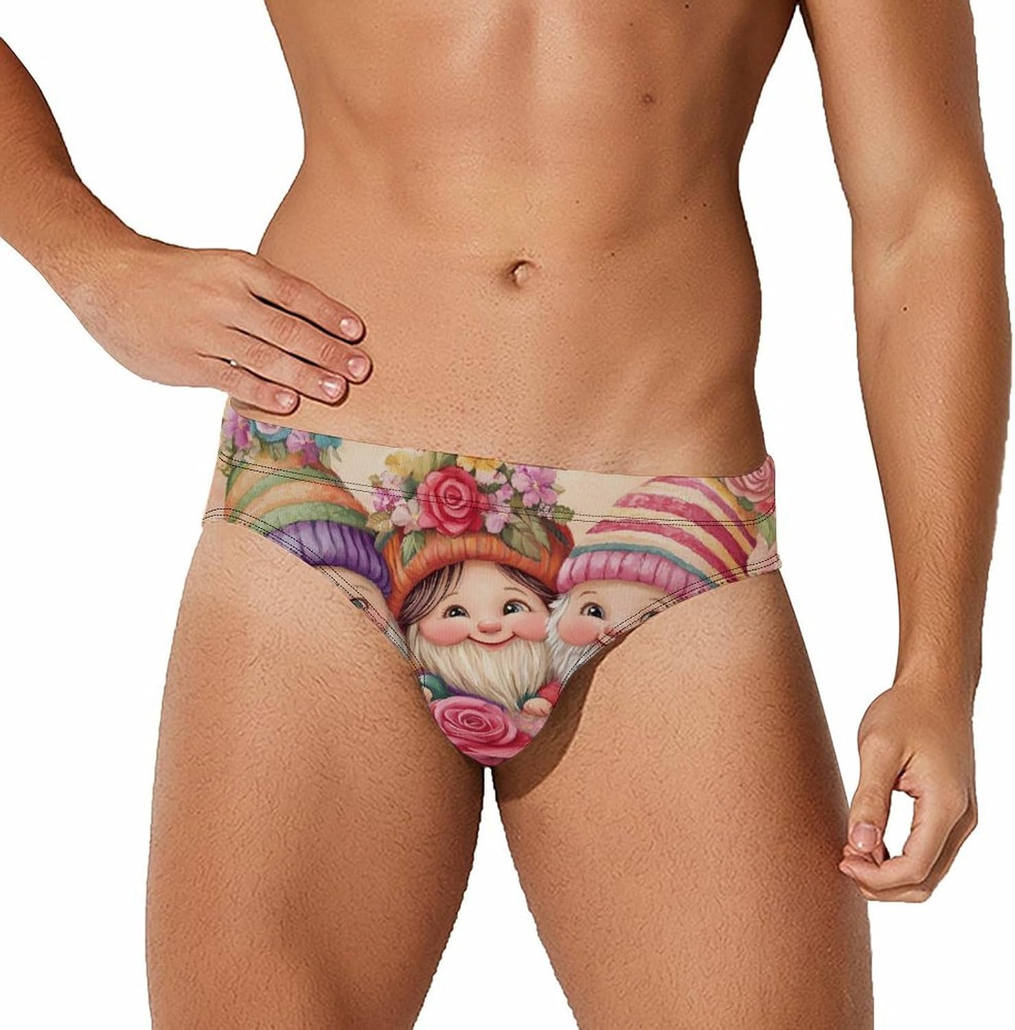 Gnome Rose Flower Mens Swim Trunks Swimwear Briefs Low Waist Swimsuit for Beach Sports