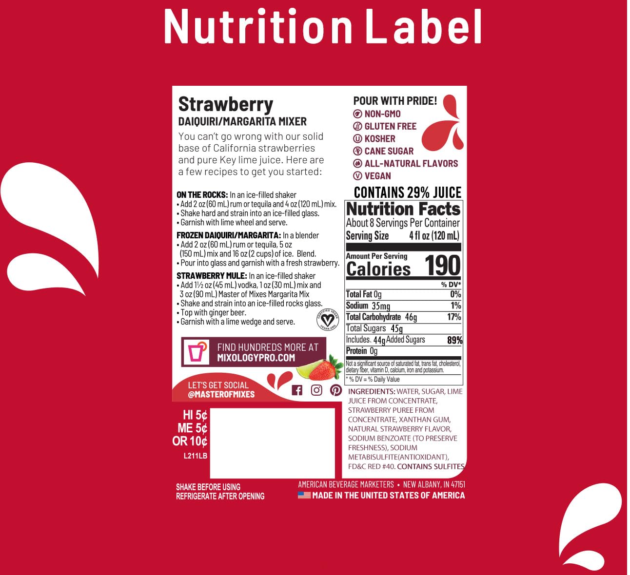 Master of Mixes Strawberry Daiquiri / Margarita Drink Mix, Ready To Use, 1 Liter Bottle (33.8 Fl Oz), Pack of 6