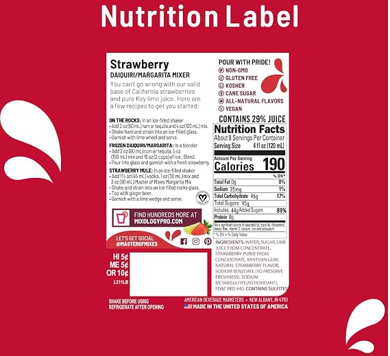 Master of Mixes Strawberry Daiquiri / Margarita Drink Mix, Ready To Use, 1 Liter Bottle (33.8 Fl Oz), Pack of 6