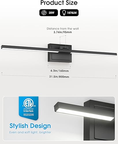 Miniatura 7 de VOLISUN Lámpara de tocador de baño de 31.5 pulgadas, 5CCT regulable, lámpara LED de baño de 28 W sobre el espejo, luces de tocador de barra negra