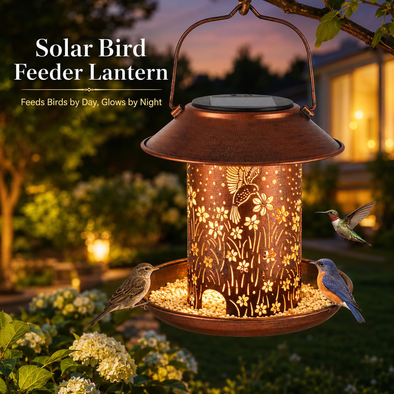 Comederos para pájaros para exteriores, faroles solares de colibrí, impermeables, para colgar, decoración de jardín, regalos de cumpleaños para mujeres, mamá, Navidad, decoración solar de metal para