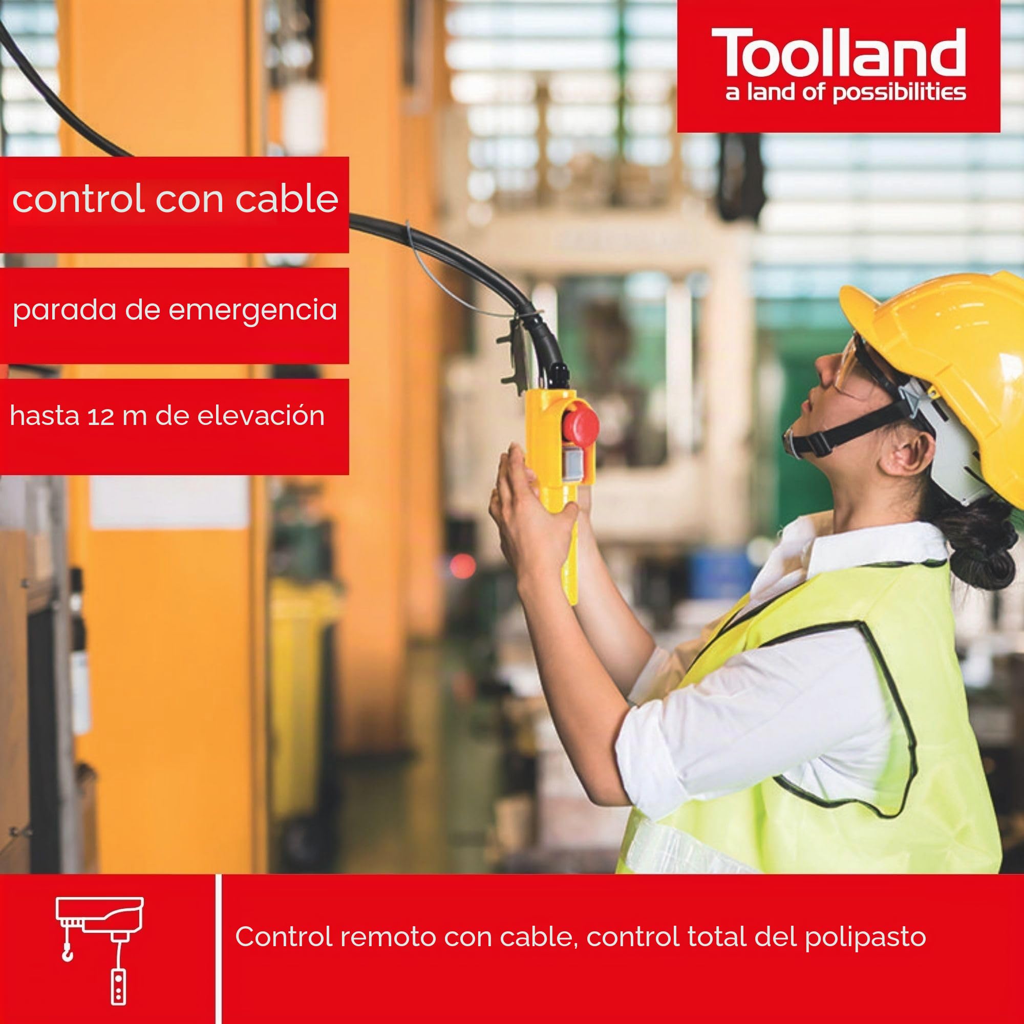 Toolland Control remoto para polipasto eléctrico 230V, control con cable de 1.5m y botón de emergencia, compatible con polipastos eléctricos, grúas giratorias y polipastos móviles, altura de elevación