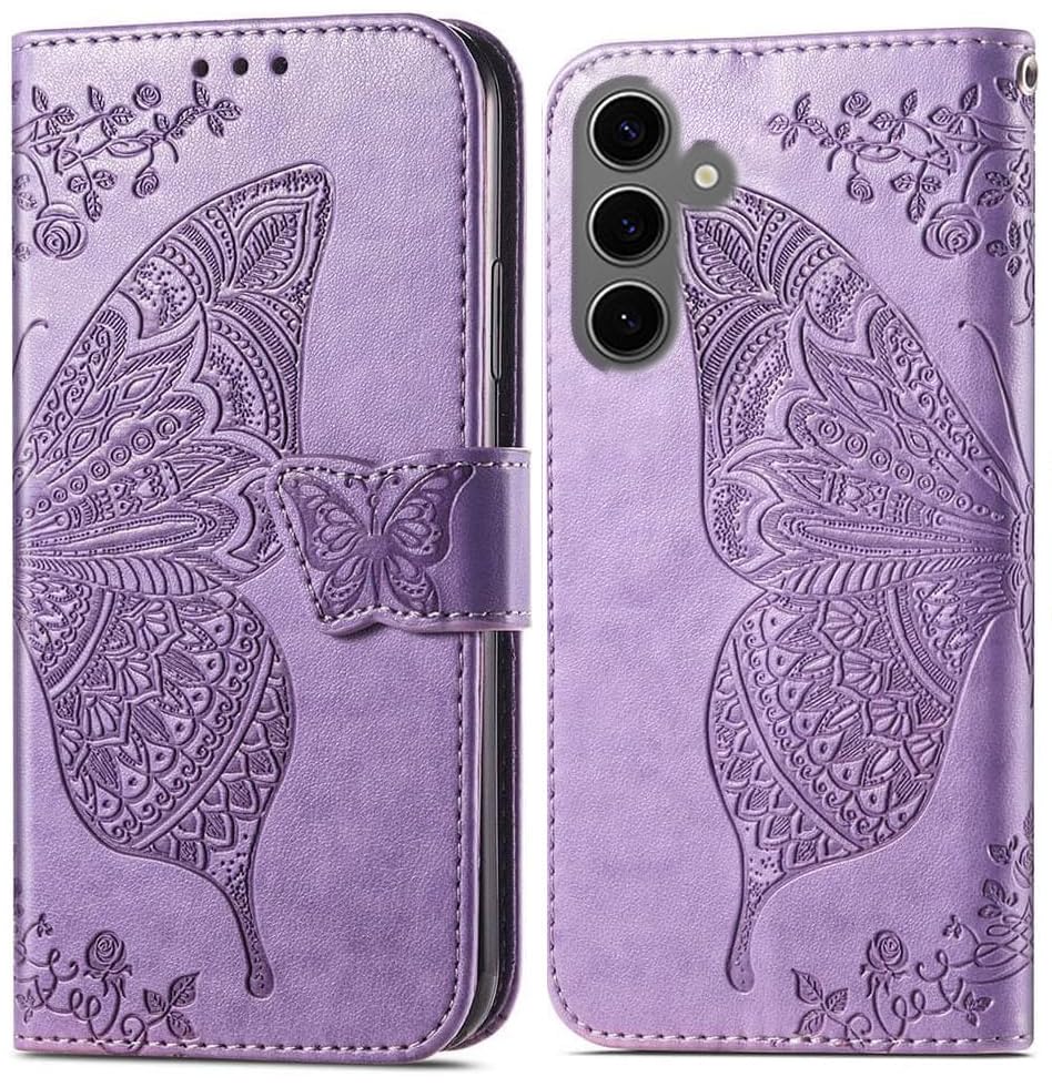 Image of ClickCase Butterfly Series for Samsung Galaxy M35 5G Leather Embossing Wallet Flip Case Kick Stand Magnetic Closure Flip Cover for Samsung Galaxy M35 5G (Purple)