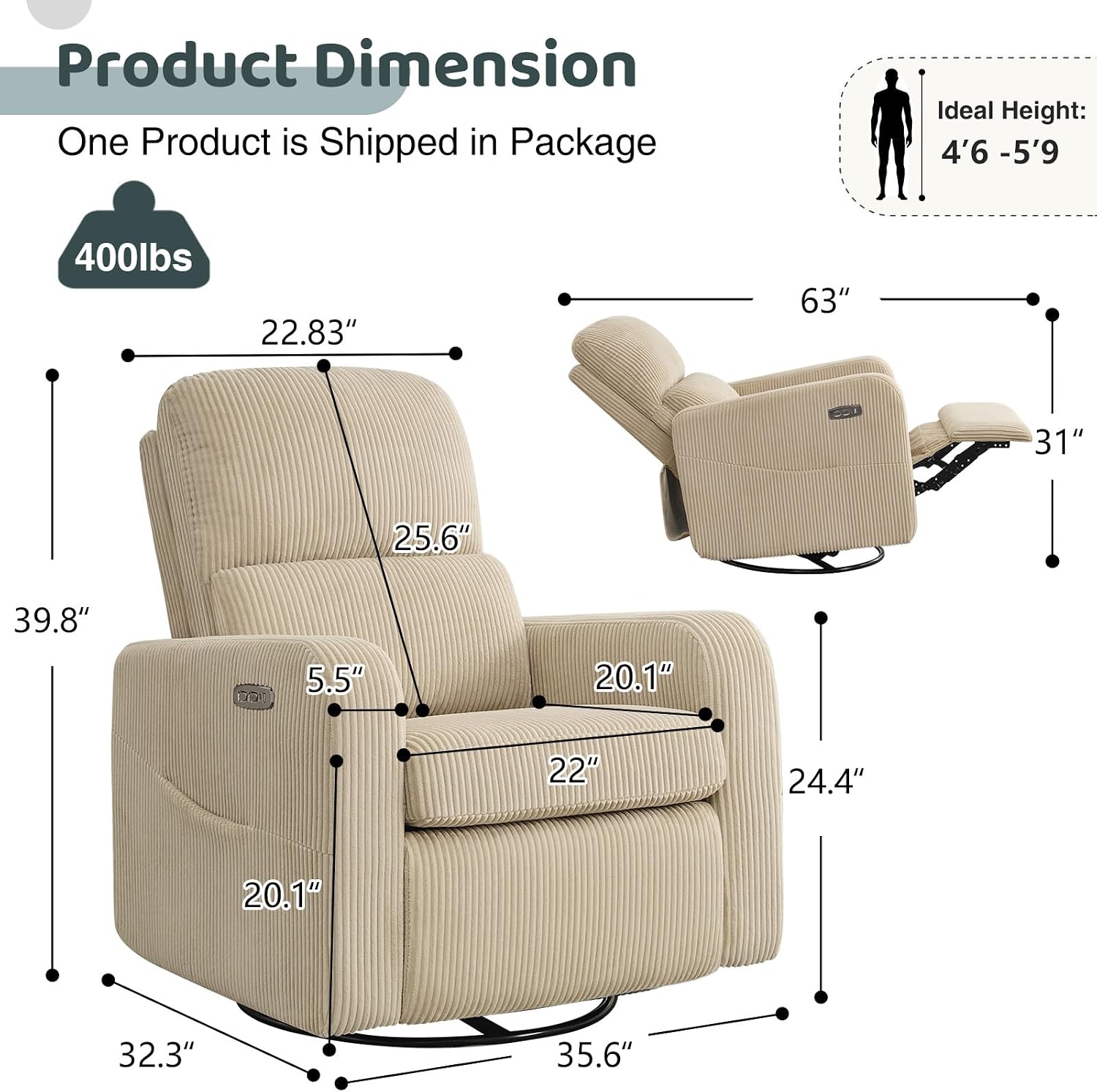 Swivel Rocker Recliner, Oversized Power Recliner Nursery Glider with Removable Cushion, Upholstered Swivel Reclining Chairs for Nursery Living Room Bedroom, Corduroy Camel