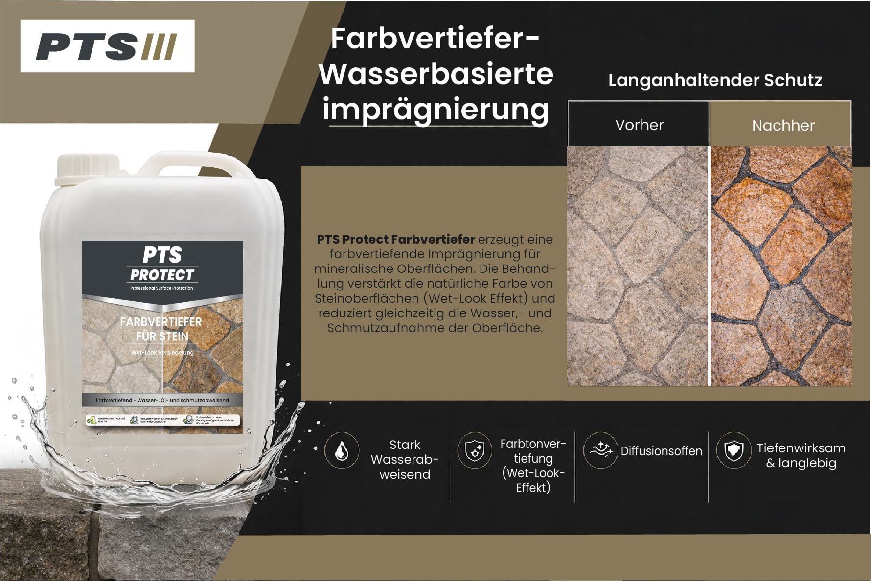 Farbvertiefer – Wasserbasierte Steinimprägnierung mit Wet-Look Effekt, Wasserabweisend, für Innen- und Außenbereiche, 5 Liter