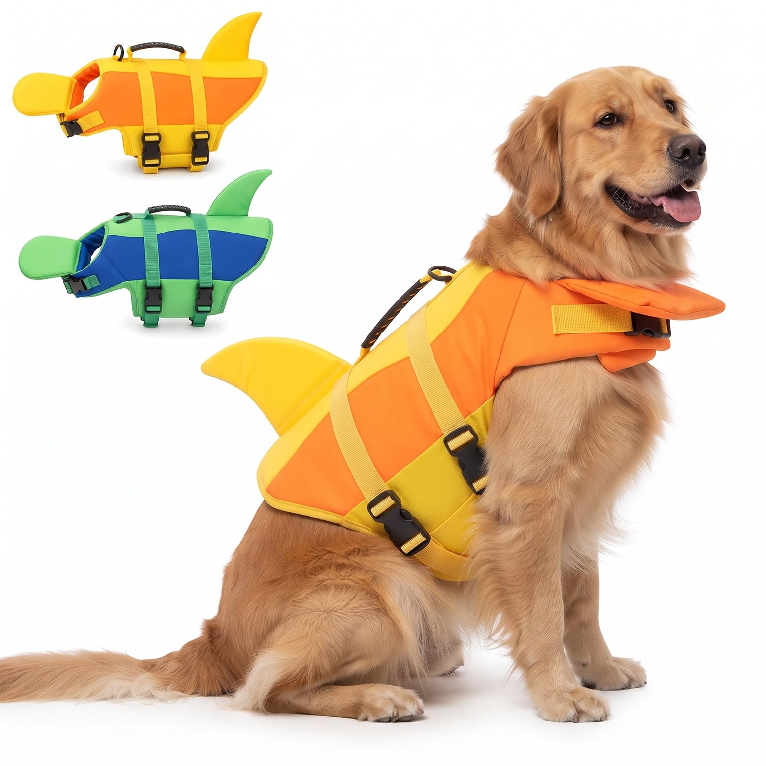 Dog Life Jacket, Shark Dog Life Jacket with Chin Float, Adjustable Dog Float Jacket for Water Safety, Reflective Flotation Vest for Swimming Training, Rescue Handle ，Yellow：XXL