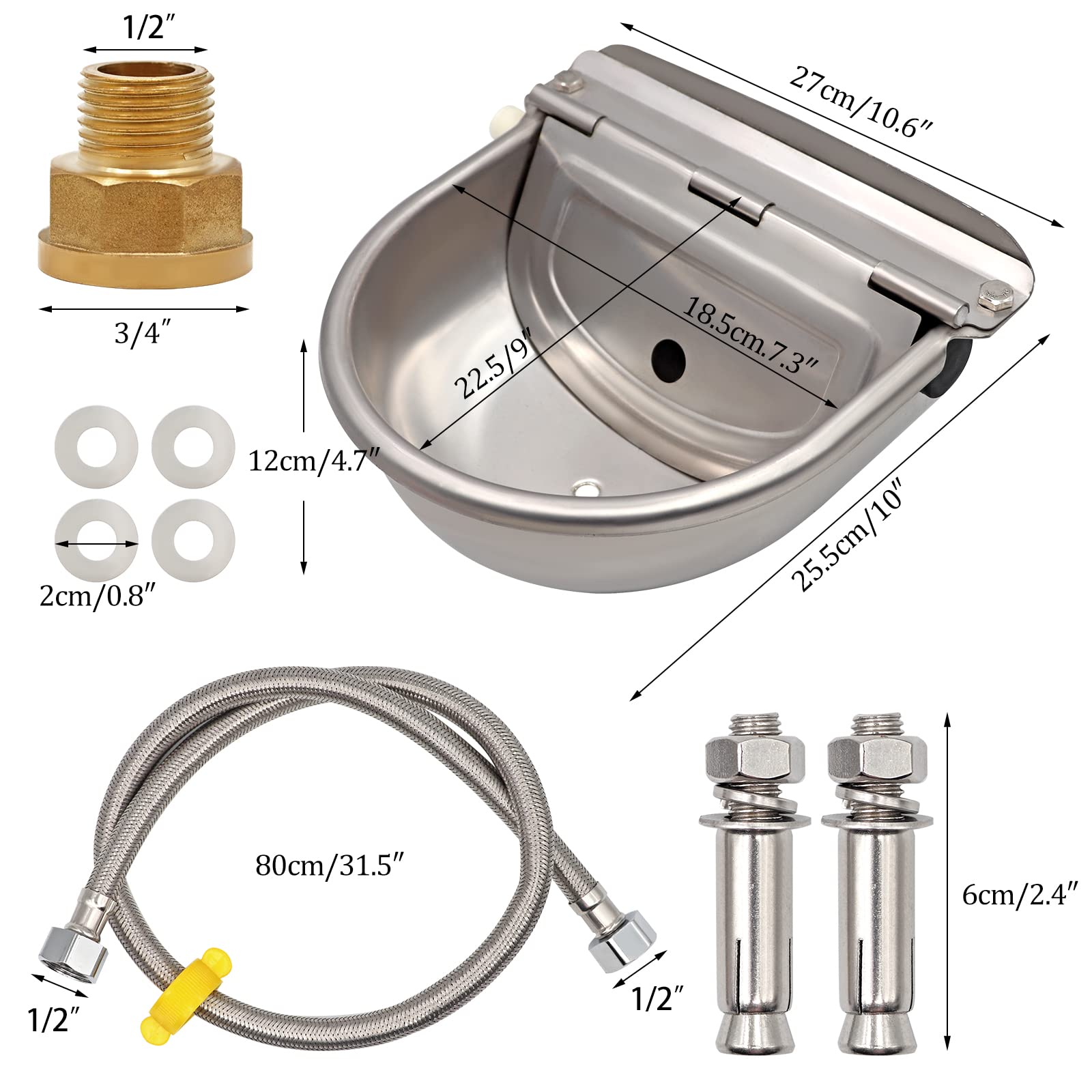 Abreuvoirs Abreuvoir à BéTail Automatique 5 en 1 Inoxydable Abreuvoir à Bovins avec 1 Vanne à Flotteur 1 Tuyau Rraided et 2 Vis D'Expansion Abreuvoir pour Chevaux Cheval Chien