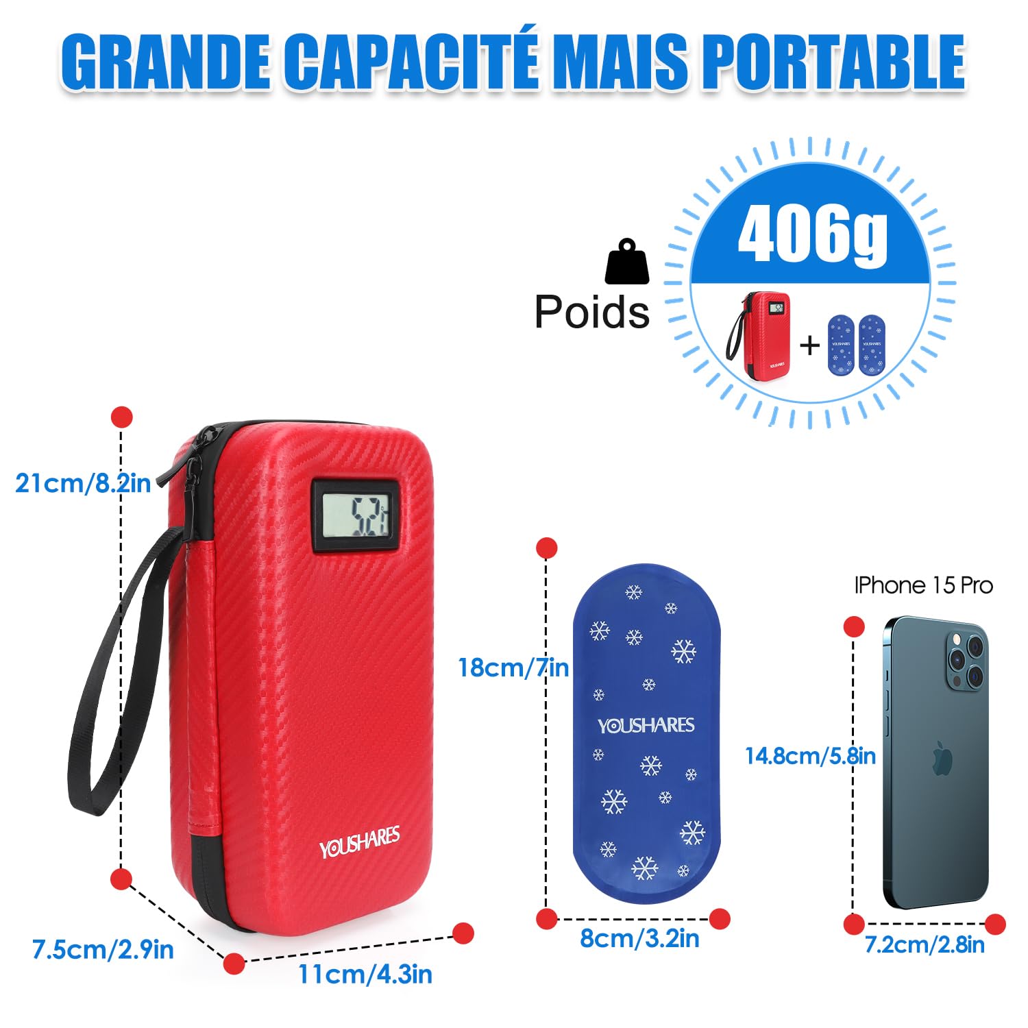 YOUSHARES Pochette Isotherme Insuline, Trousse Isotherme Insuline Medicament Voyage Affichage de la Température avec 2 Poche de Glace pour Diabetique