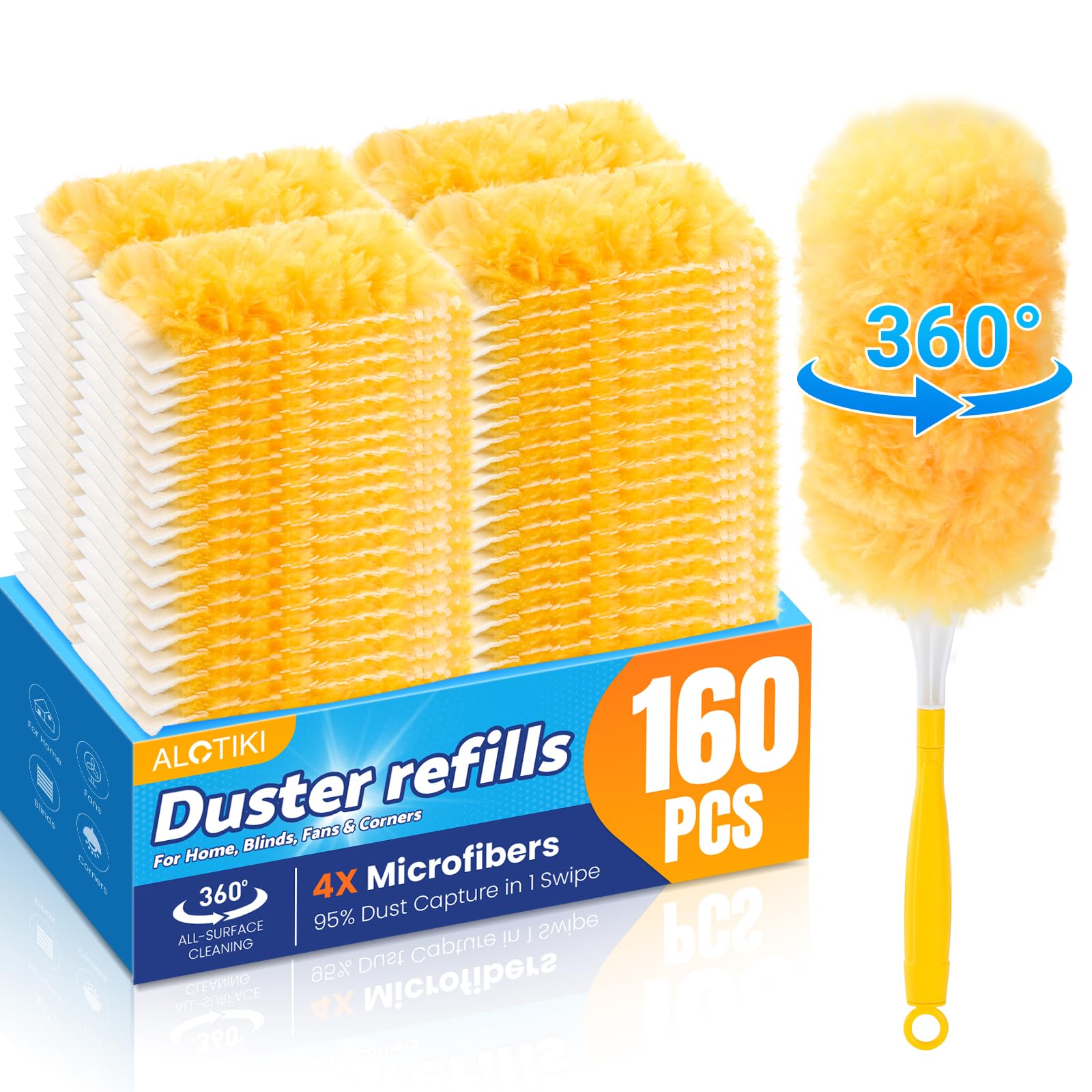 Alotiki Duster Refills, 160 Count 360° Dusters for Cleaning with 4 Handle | Heavy Duty Duster Refill for Dust Cleaning, 360° Double-Sided Disposable Duster for Blinds, Electronics, Furniture 160P