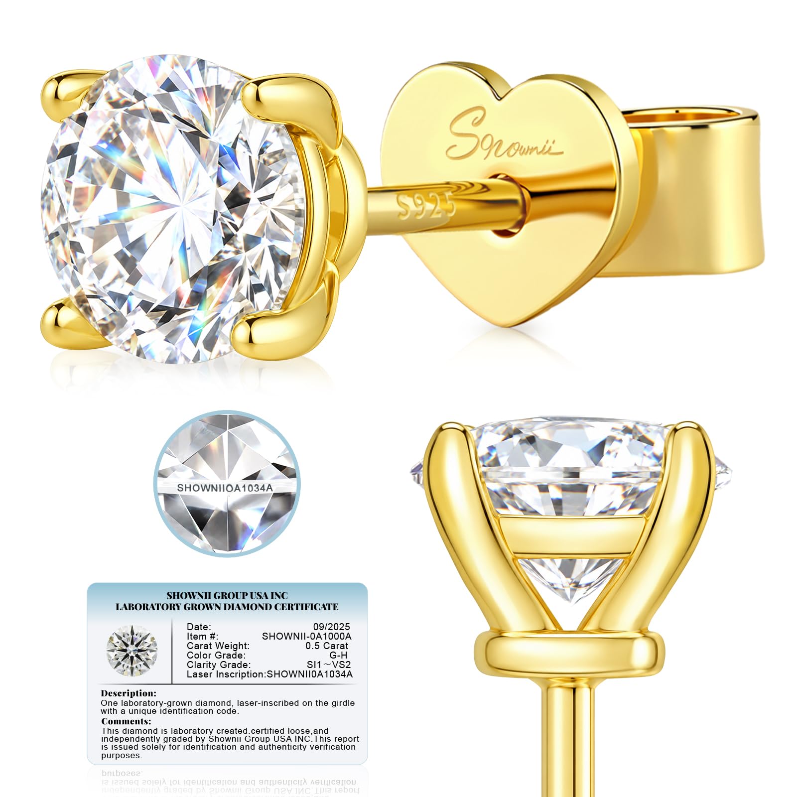 SHOWNII LAB GROWN Diamond Stud Earrings for Women 0.25CT - 1CT Push Back