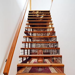 Brebasf Vintage Mid Century Library Self Adhesive Waterproof Stair Riser Staircase,Abstract Modern Wooden Boards Antique Bookshelf Peel Stick Stickers 7.1W x39.4L x1 Set