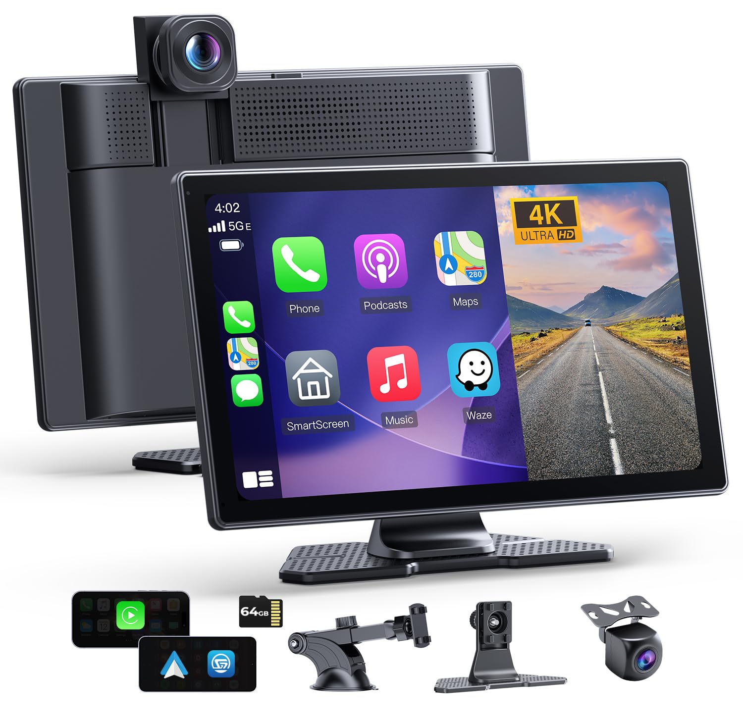 Schermo CarPlay Auto 9" compatibile con Apple CarPlay e Android Auto wireless, SuperLink e AirPlay doppio mirroring, dashcam 4K + retrocamera 1080P, registrazione in loop, 64GB inclusi, Bluetooth