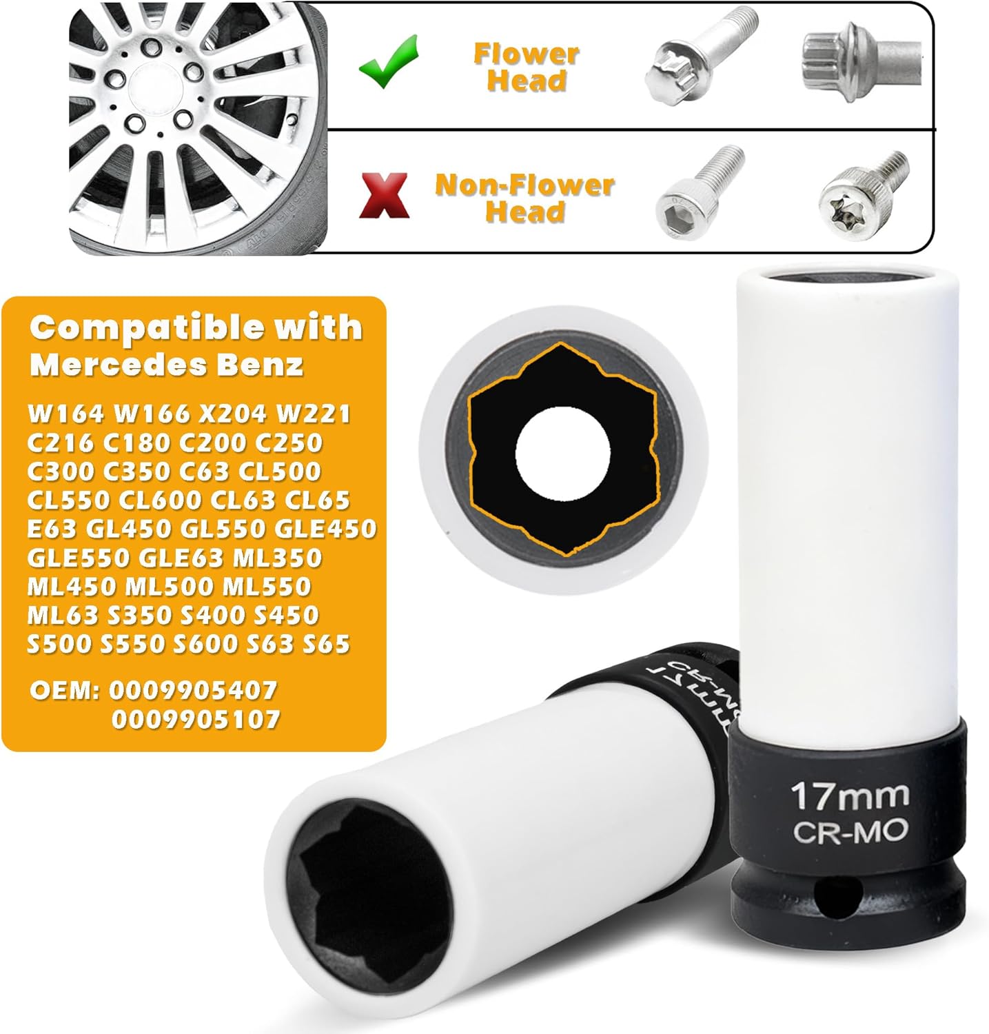 5pcs 1/2 inch Drive Lug Nut Socket Set, Metric 17mm 19mm 21mm 22mm, 17mm for Benz Convex Flower Head Bolt, Impact Non-Marring Thin Wall Wheel Nut Socket