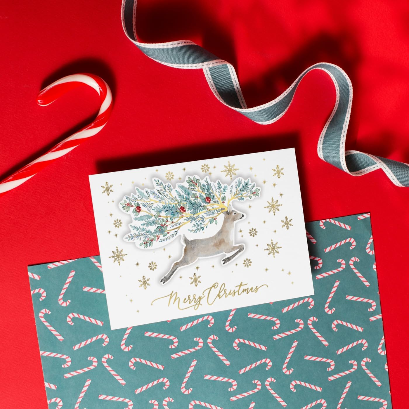 Punch Studio Winter Greens Deer Dimensional Holiday Boxed Cards Featuring 12 Embellished Cards and Envelopes (45428), multi