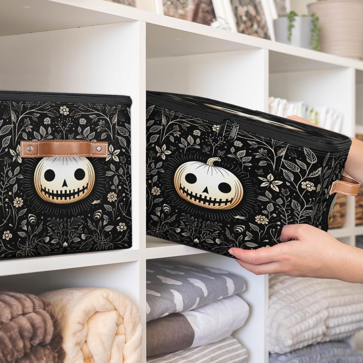 Storage Bin Set of 2 Pumpkin Skull Storage Basket with Zipper Lid & Handle Foldable Closet Shelf 2 Pack Cloth Organizer Basket Cube Bins Clothes Organizer for Bedroom, Nursery