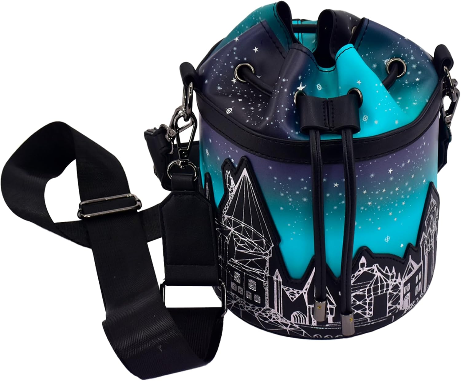 Harry Potter Bucket Bag, Hogwarts Castle Mini Handbag with Adjustable Crossbody Shoulder Strap, Black