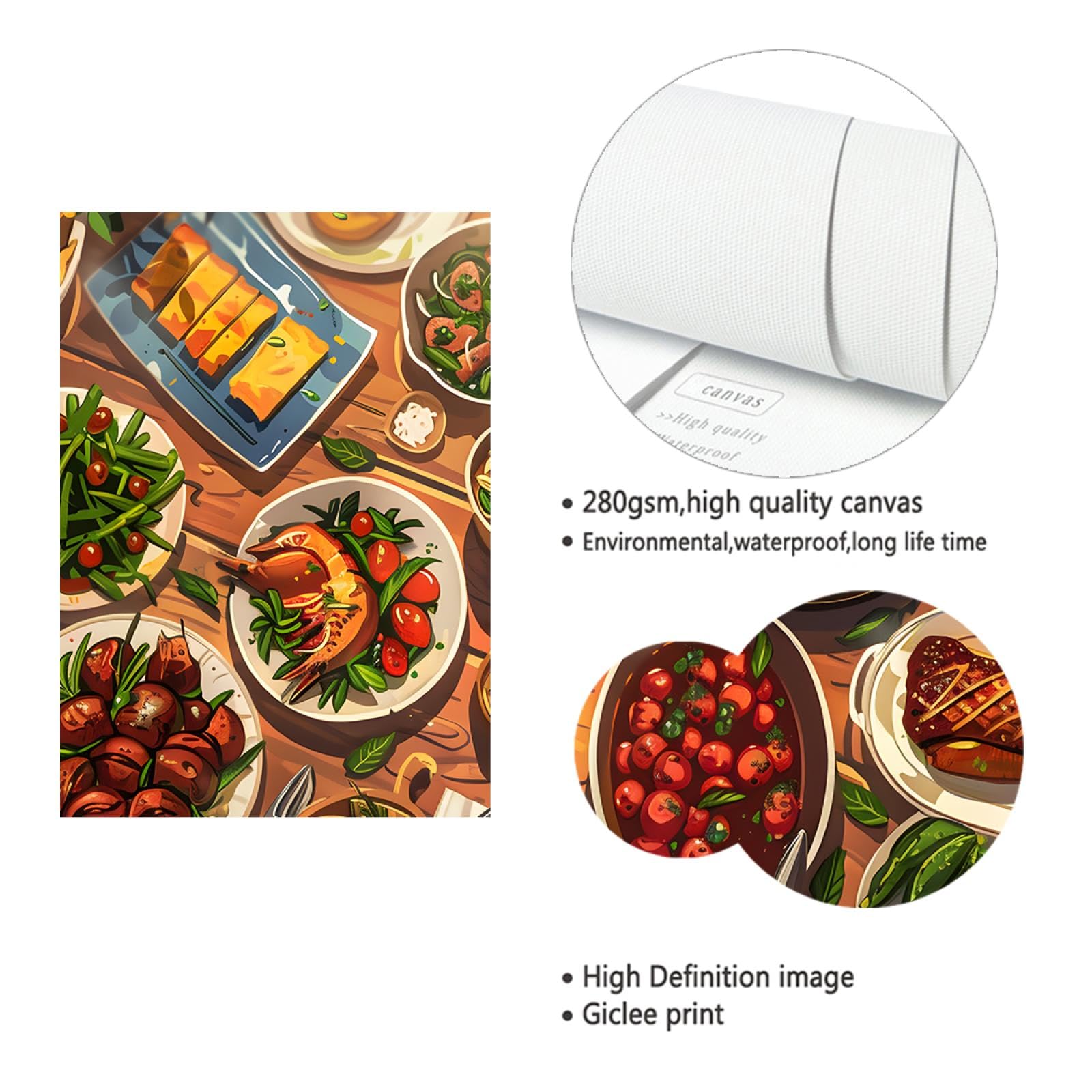 UIRINGART Art mural sur toile anime pour la décor murale de cuisine Affiche de nourriture délicieuse Impression de peinture d’image pour salle à manger Restaurant 50x70cm Cadre intérieur
