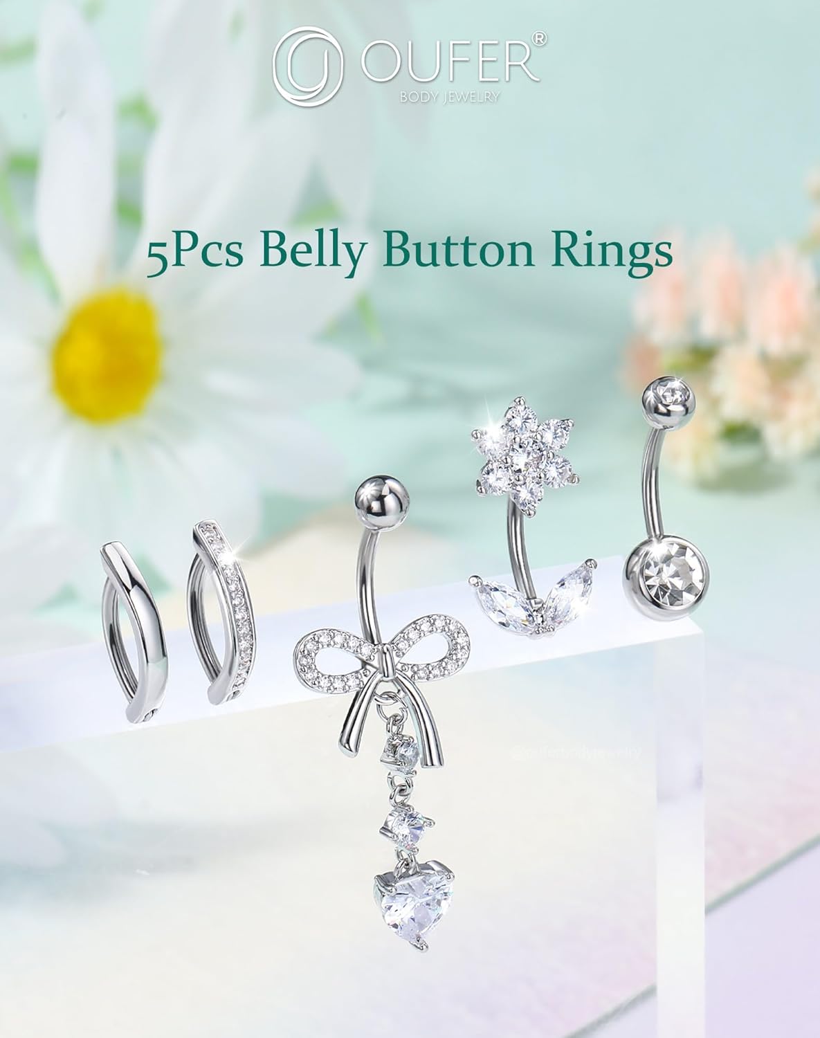 OUFER 5PCS Belly Button Rings, Cute Bow Flower Heart Dangle Navel Belly Piercing Jewelry, Clicker Navel Rings for Women Men, 14G Surgical Steel Dainty Dangly Dangling Body Piercing Jewelry - Image 2