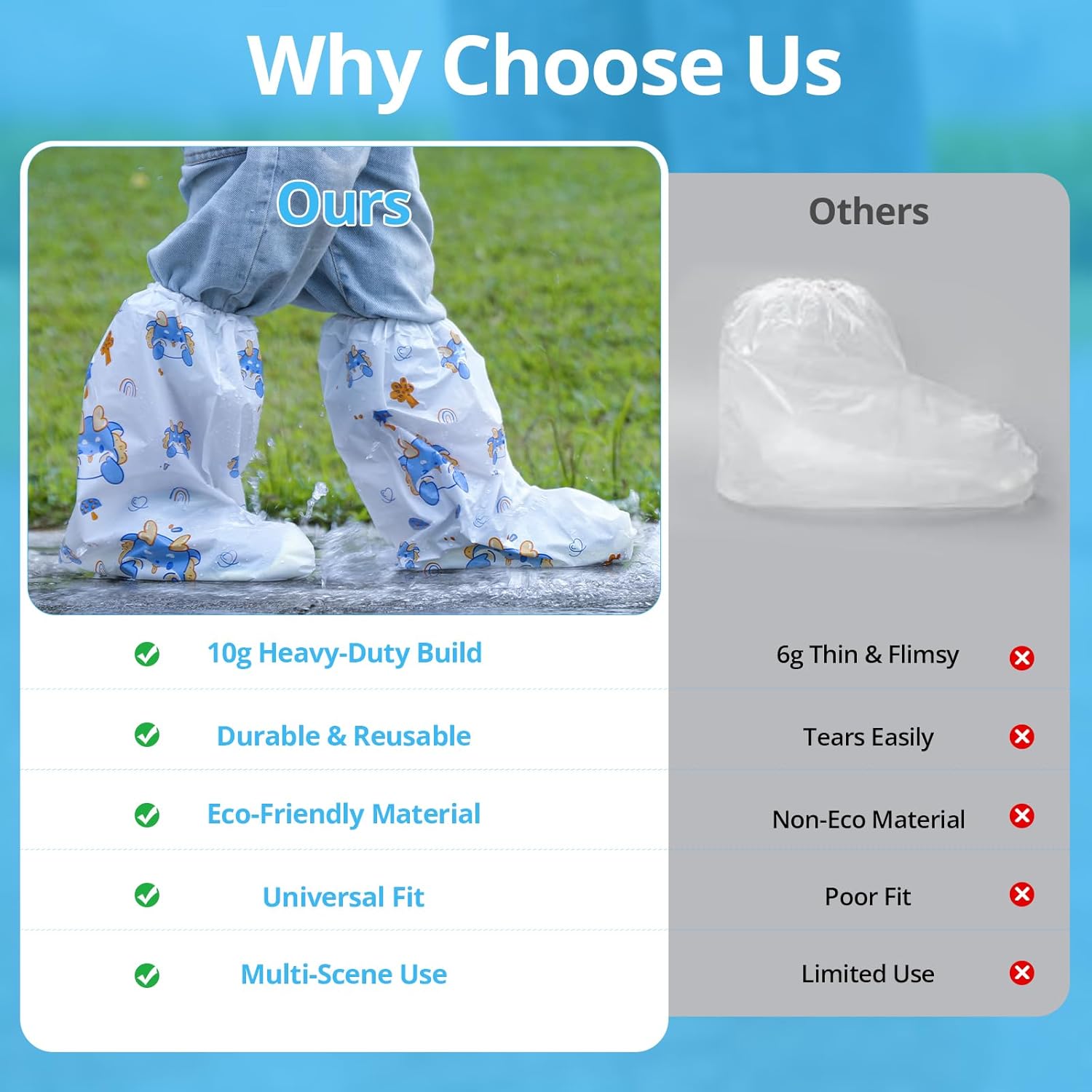 10-Pack Kids' Rain Shoe Covers - Waterproof, Dinosaur Pattern, 13.78×11.02 in, Fits Ages 3-8, Ideal for Rainy Days & Outdoor Activities - Image 5