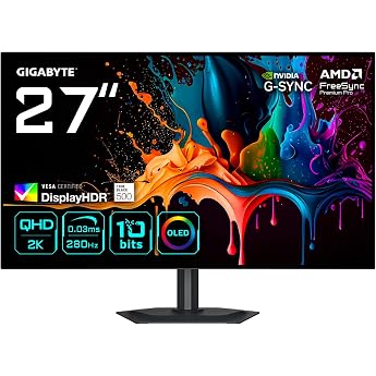 Gigabyte MO27Q28G 27 Inch OLED QHD Gaming Monitor - 2560 x 1440, 280Hz, 0.03ms, 335 cd/m&sup2;, Display HDR True Black 500, HDMI 2