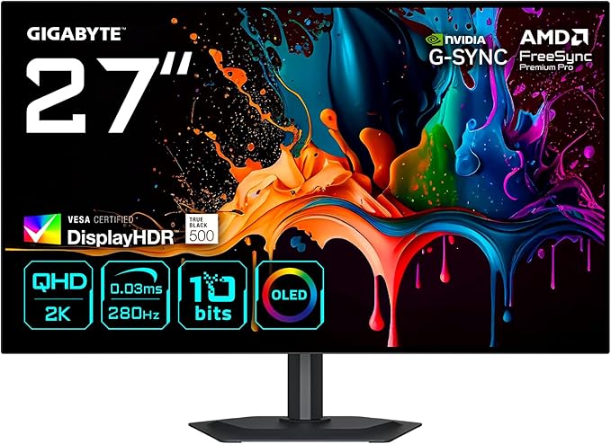 Gigabyte MO27Q28G Monitor Gaming OLED 27" QHD - 2560 x 1440, 280Hz, 0,03ms, 335 cd/m², Display HDR True Black 500, HDMI 2.1, DisplayPort 1.4