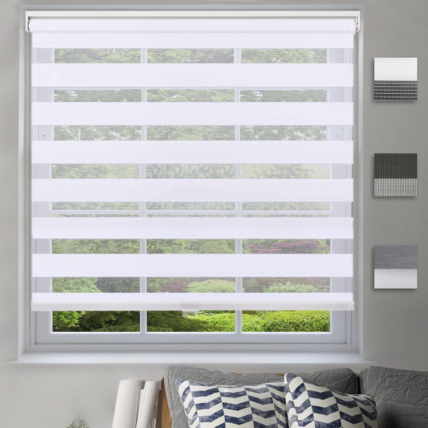 Cordless Dual Layer Fabric Zebra Roller Shades,Custom Light Filtering Zebra Blinds,Sheer or Privacy,Room Darkening Horizontal Window Treatment [White, Size 39" W x 64" H] Easy to Install Custom Size