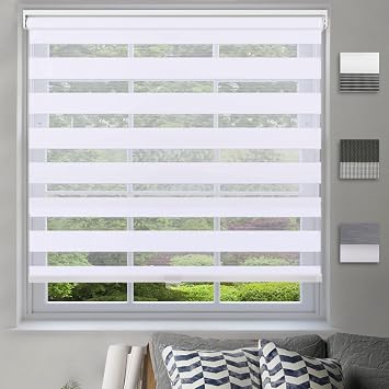 Cordless Dual Layer Fabric Zebra Roller Shades,Custom Light Filtering Zebra Blinds,Sheer or Privacy,Room Darkening Horizontal Window Treatment [White, Size 50 12"W x 64" H] Easy to Install Custom Size