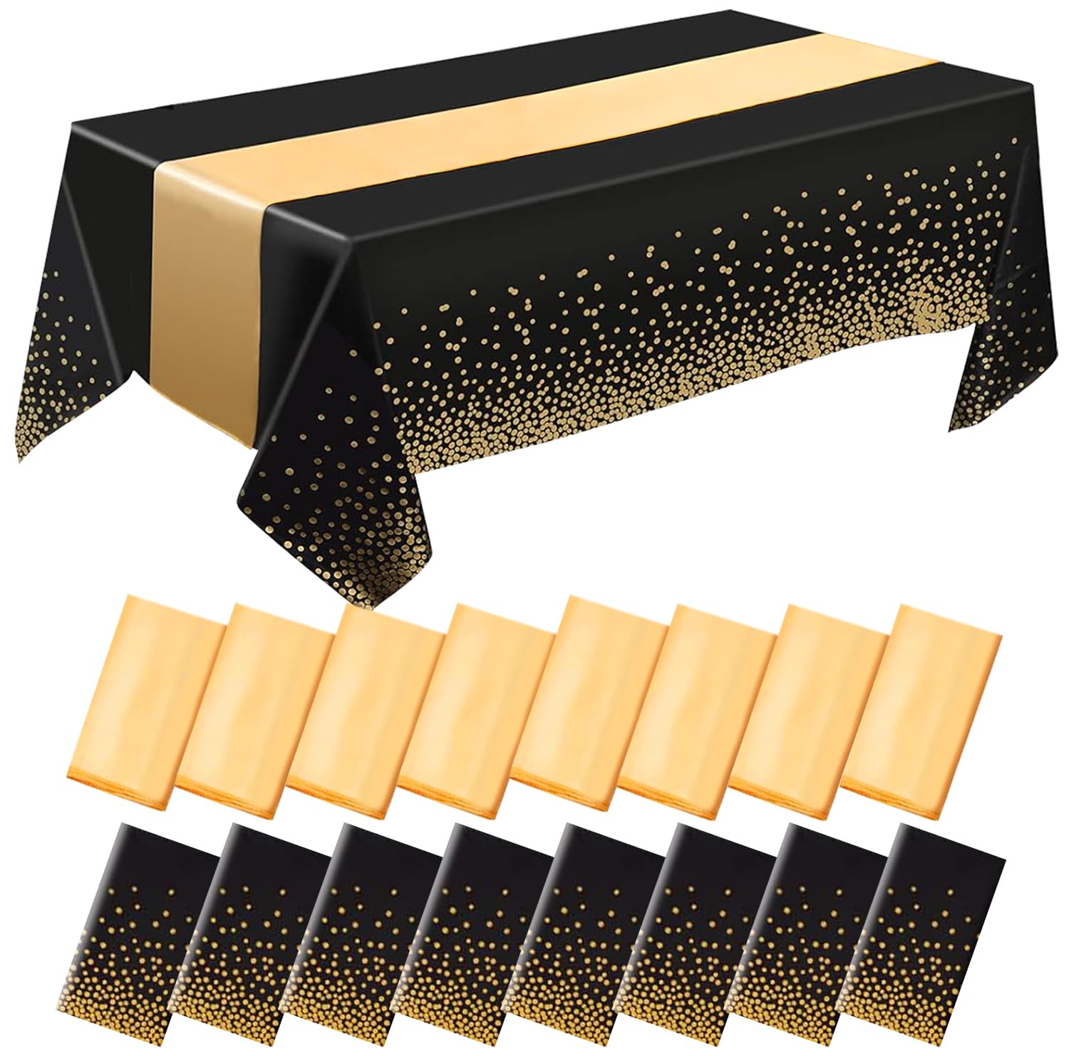 Incisite Black, Gold 8Pcs Black And Gold Tablecloth And Table Runner, 4 Dot Tablecloth 137 X 274 Cm, 4 Gold Satin Table Runners 28 X 275 Cm, Disposable Plastic Table Cloths For Parties Wedding Birthday, 4 Set