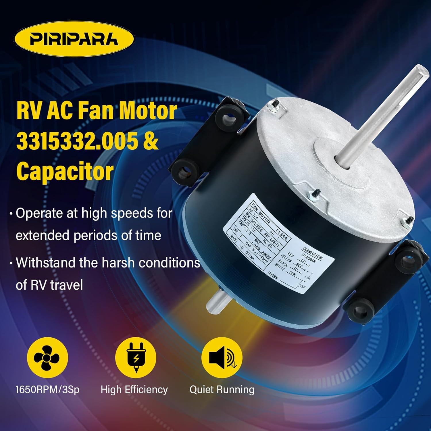 PIRIPARA 3315332.005, 3315332.005 Fan Motor Replacement for genteq F48AF70A61 Fan Motor, Compatible with Dometic Brisk Air II Fan Motor, OEM Replacement for Dometic 3315332.005-1/5 HP, 3-Speed