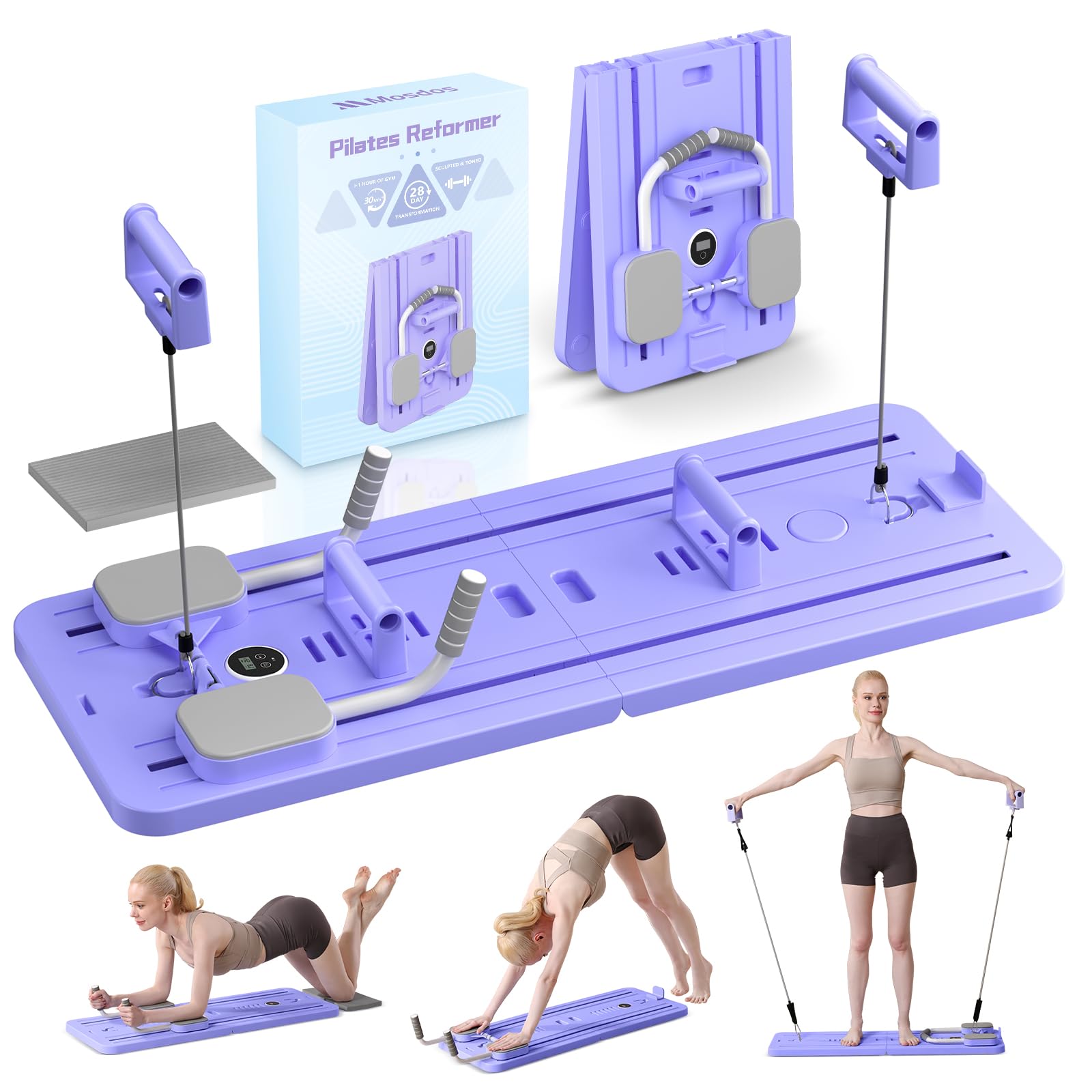 Mosdos Foldable Portable Pilates Reformer, Auto-Rebound Core Trainer for Home Gym, 300lbs Weight Capacity, Full Body Workout Equipment for Men and Women-Purple