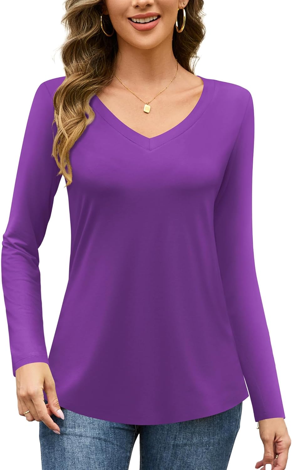 Amoretu Womens Tshirts V Neck Short Sleeve Tops Tee Solid Color Blouse - Image 2