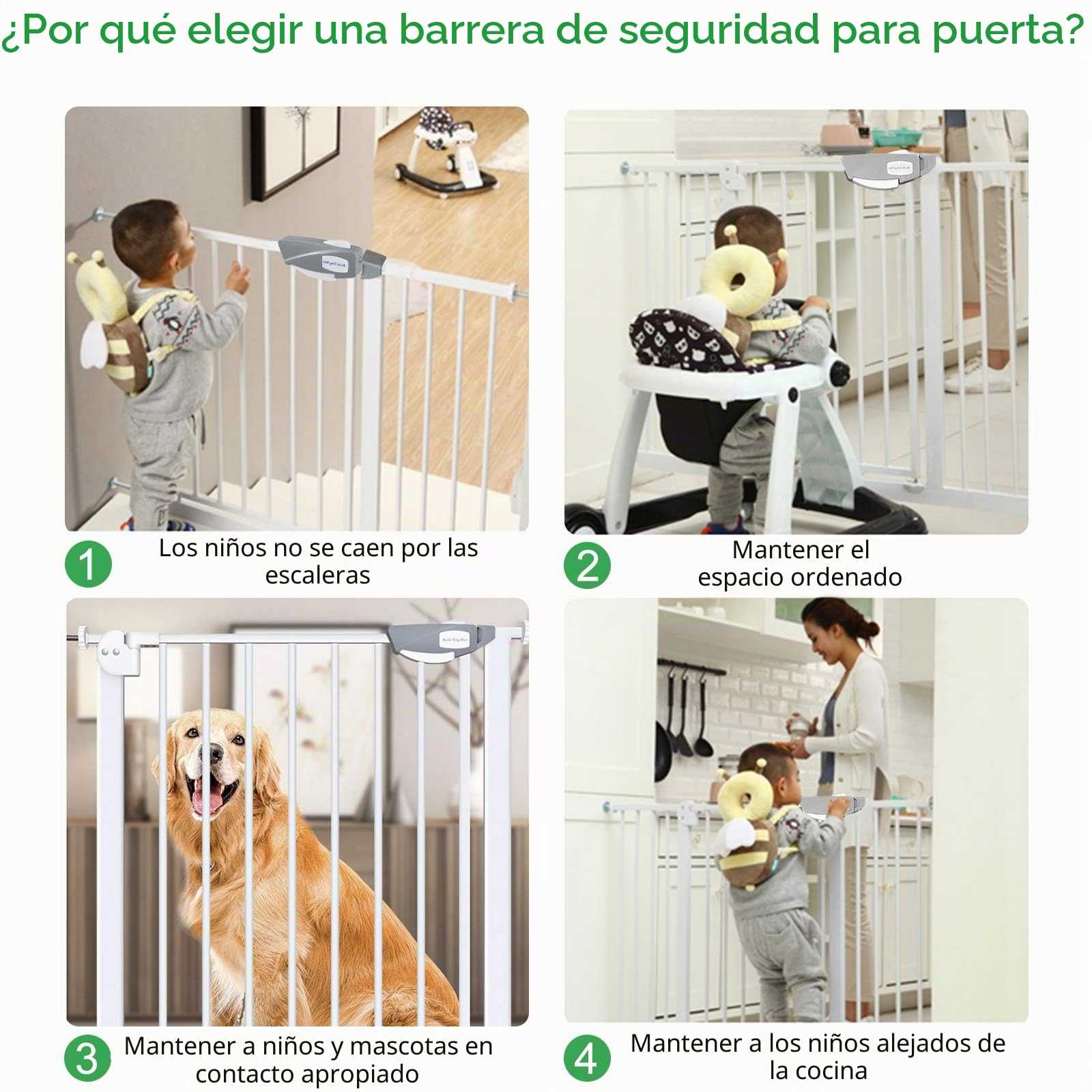 UISEBRT Rejilla protectora para escaleras, sin agujeros, para bebés de 105 a 115 cm de ancho, cierre automático, apertura con una mano, rejilla de metal, color blanco