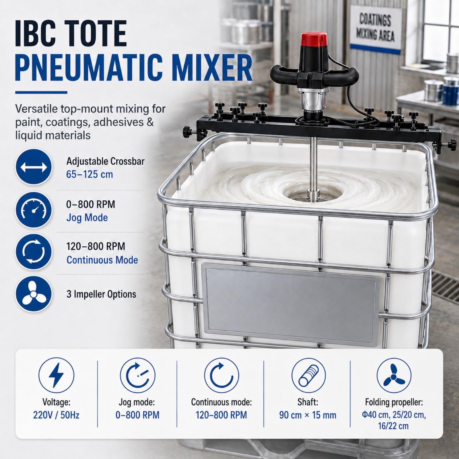 Elektryczny mikser farb do zbiorników IBC 1000 l, tacka o zmiennej prędkości obrotowej | 40 cm składane śmigło z aluminium, waga netto 12 kg dla producentów żywic, zakładów klejowych