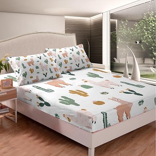 Miniatura 2 de Feelyou Juego de sábanas de alpaca con diseño de cactus, lindo juego de ropa de cama de llama para niños y niñas, funda de cama bohemia de