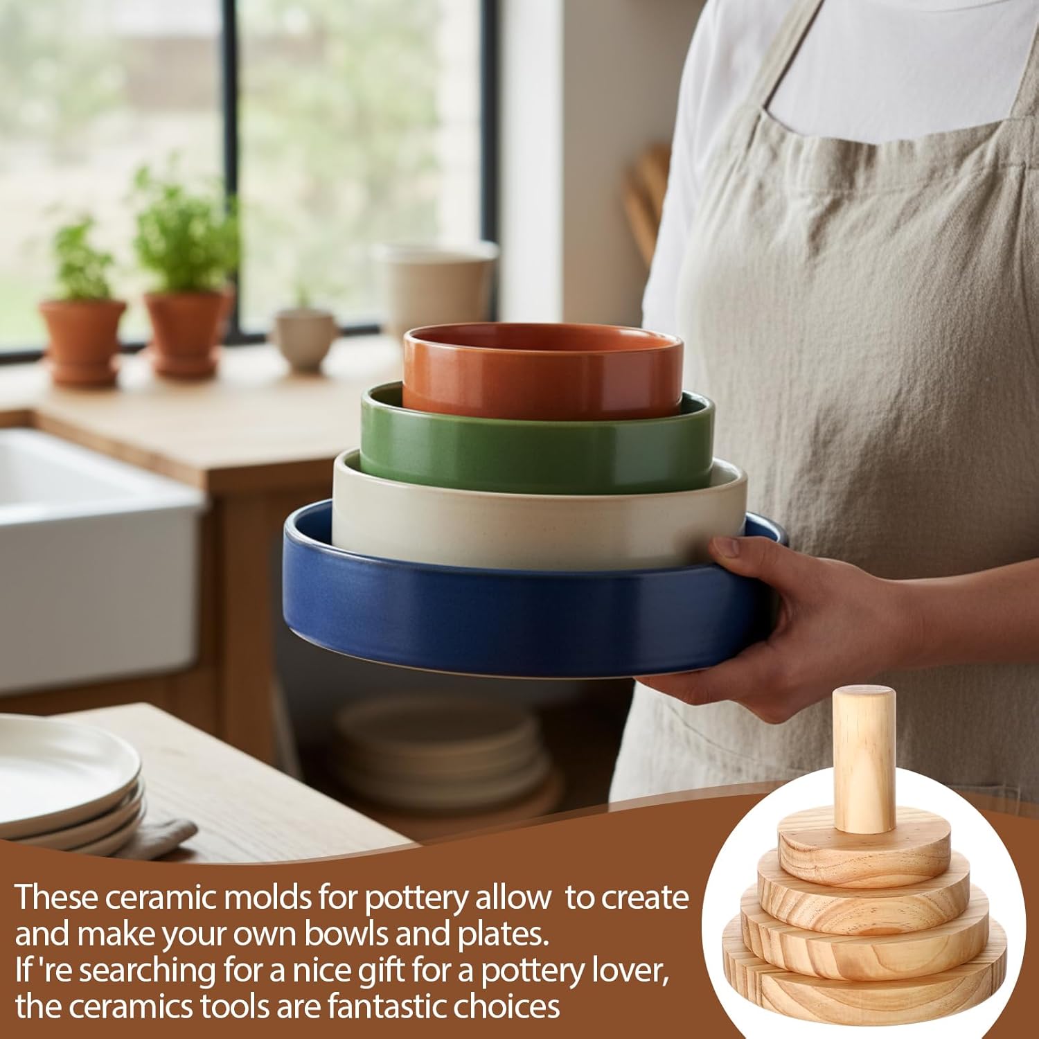 Doublefill 4 Pack Pottery Molds Plaster Molds Wood Pottery Tools with Handle for Ceramic Top Forms DIY Bowls Plate Dish Slump Press Art Making(Round,4.5'' 5.5'' 6.5'' 7.5'' Thickness 1'')