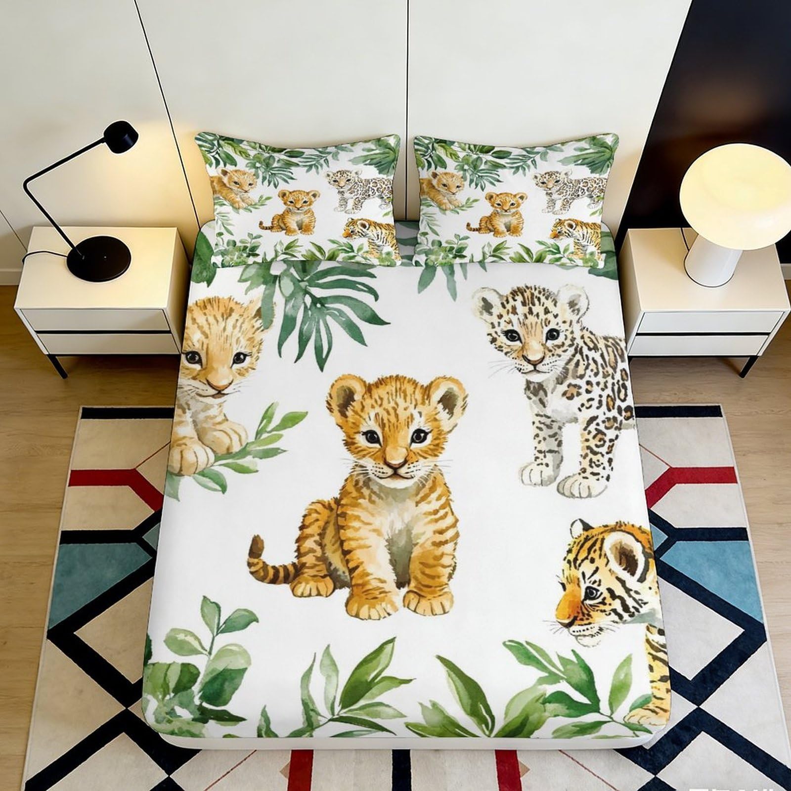3D Printed Jungle Animal Fitted Sheet Microfiber Soft Breathable Tiger Cub Bed Cover for Bedroom Dormitory Guest Room Mattress Protection Decor 140x200x25cm