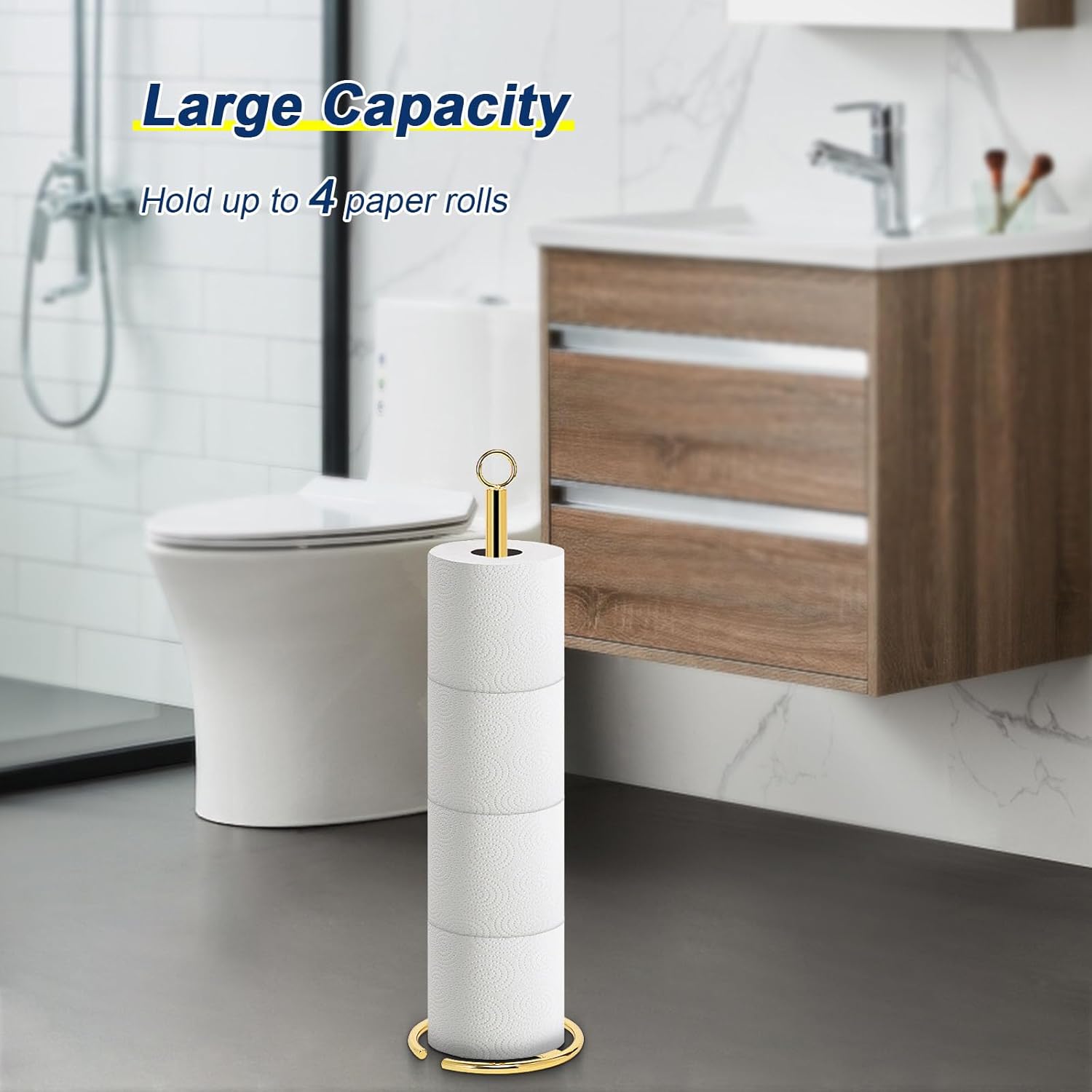 NearMoon Bath Toilet Paper Holder Stand, Freestanding Tissue Paper Storage with Reserve, Space Toilet 4 Rolls Holder for Bathroom/Kitchen Countertop-All Metal (2 Pack, Chrome Gold)