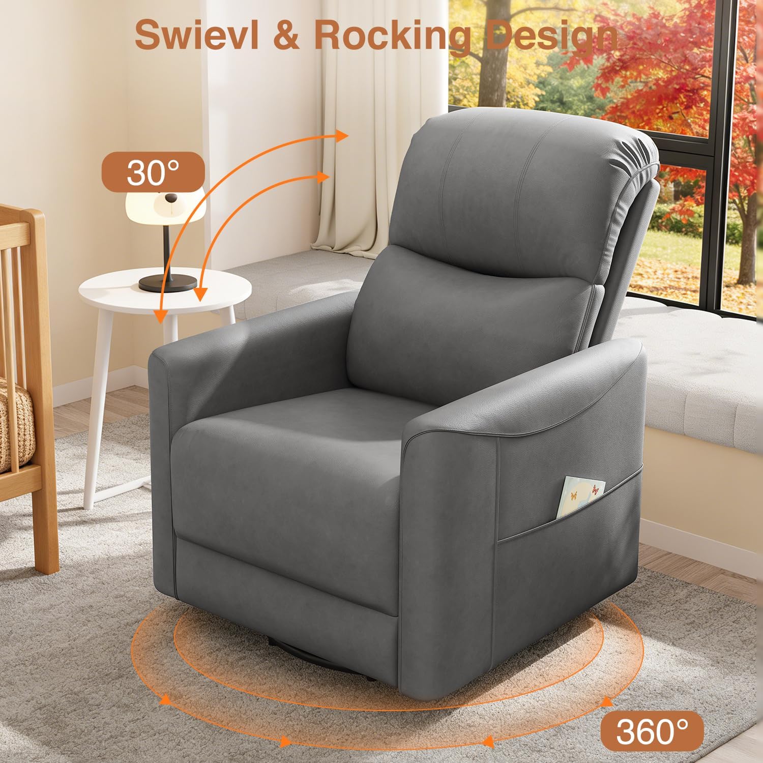 Kidirect Power Swivel Rocker Recliner, 360° Swivel Recliner Chairs for Nursery, Pu Leather Power Recliner Chair with USB Port and Side Pocket, Electric Glider Rocking Chair for Living Room