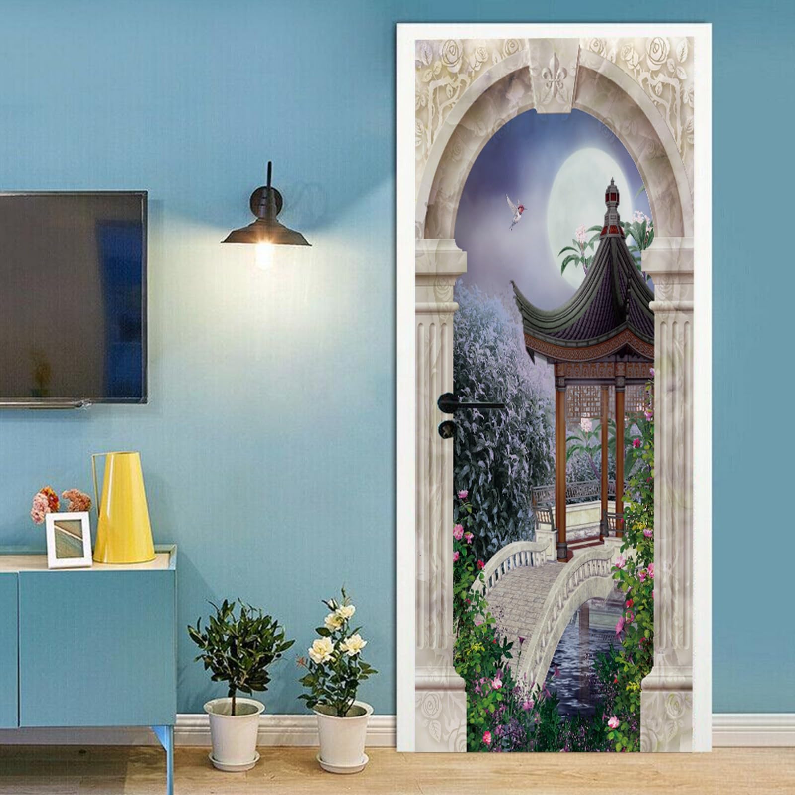 A.Monamour 3D Door Stickers for Interior Doors Oriental Scenery with A Pavilion and Flowers at Night Vinyl Waterproof Self Adhesive Door Mural Decals for Bedroom Office Bathroom 95x215cm