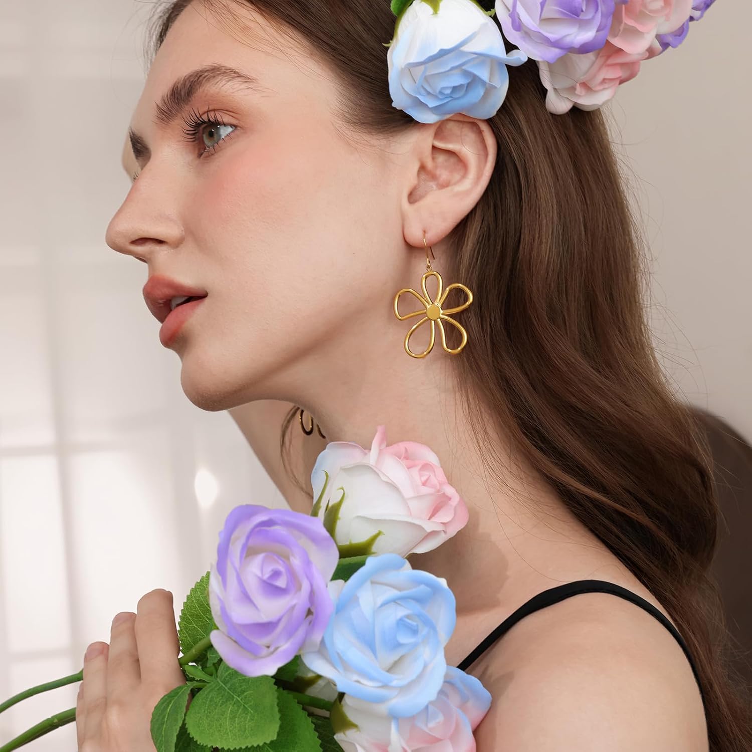 Gold Flower Statement Earrings for Women, Large Chunky Bohomian Summer Beach Floral Earring, Irregular Bold Exaggerated Earrings - Image 3