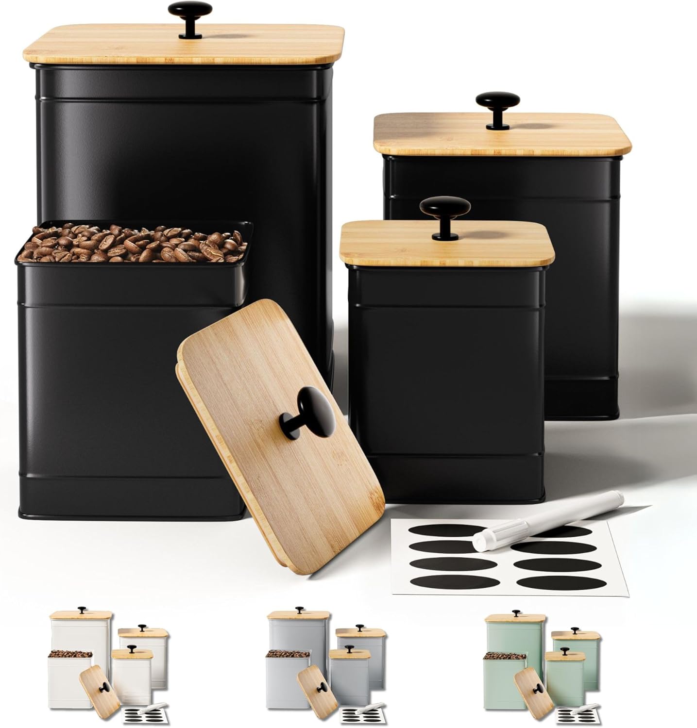 HBDesignCo Black Iron Kitchen Canisters Set of 4 - Airtight Bamboo Lids, Chalkboard Labels, Large Flour Sugar Containers for Farmhouse Countertop