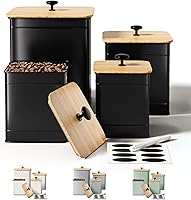 HBDesignCo Black Iron Kitchen Canisters Set of 4 - Airtight Bamboo Lids, Chalkboard Labels, Large Flour Sugar Containers for Farmhouse Countertop