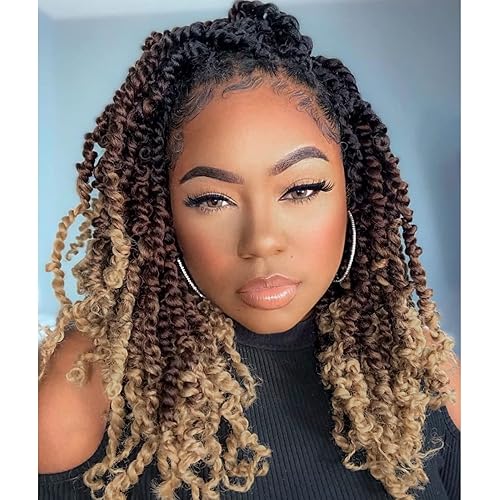 Leeven 8 Packs Pre Twisted Passion Twist Crochet Hair 12 Inch 3 Tone Ombre Brown Pre Looped Short Bomb Twists Curly Ends Bohemian Braids Synthetic Hair Extensions for Women 12 Strands/Pack #1B/30/27