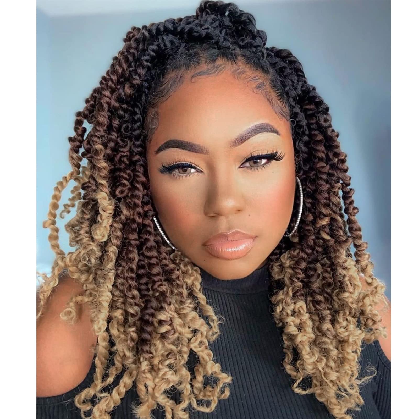 Leeven 8 Packs Pre Twisted Passion Twist Crochet Hair 12 Inch 3 Tone Ombre Brown Pre Looped Short Bomb Twists Curly Ends Bohemian Braids Synthetic Hair Extensions for Women 12 Strands/Pack #1B/30/27