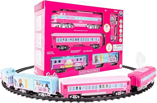 Lionel Mattel Barbie - Juego de tren de juguete con control remoto, locomotora, vagones de tren y pista con sonidos auténticos de tren, luces y