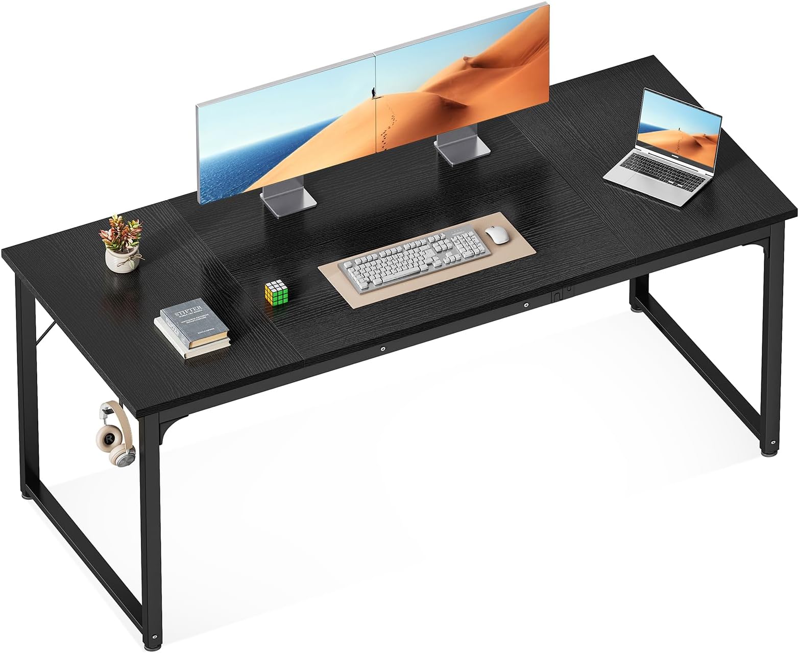 ODK 63 Inches Large Computer Desk for Home Office, Modern Desk for Small Spaces, Writing Desk with Headphone Hooks, Black