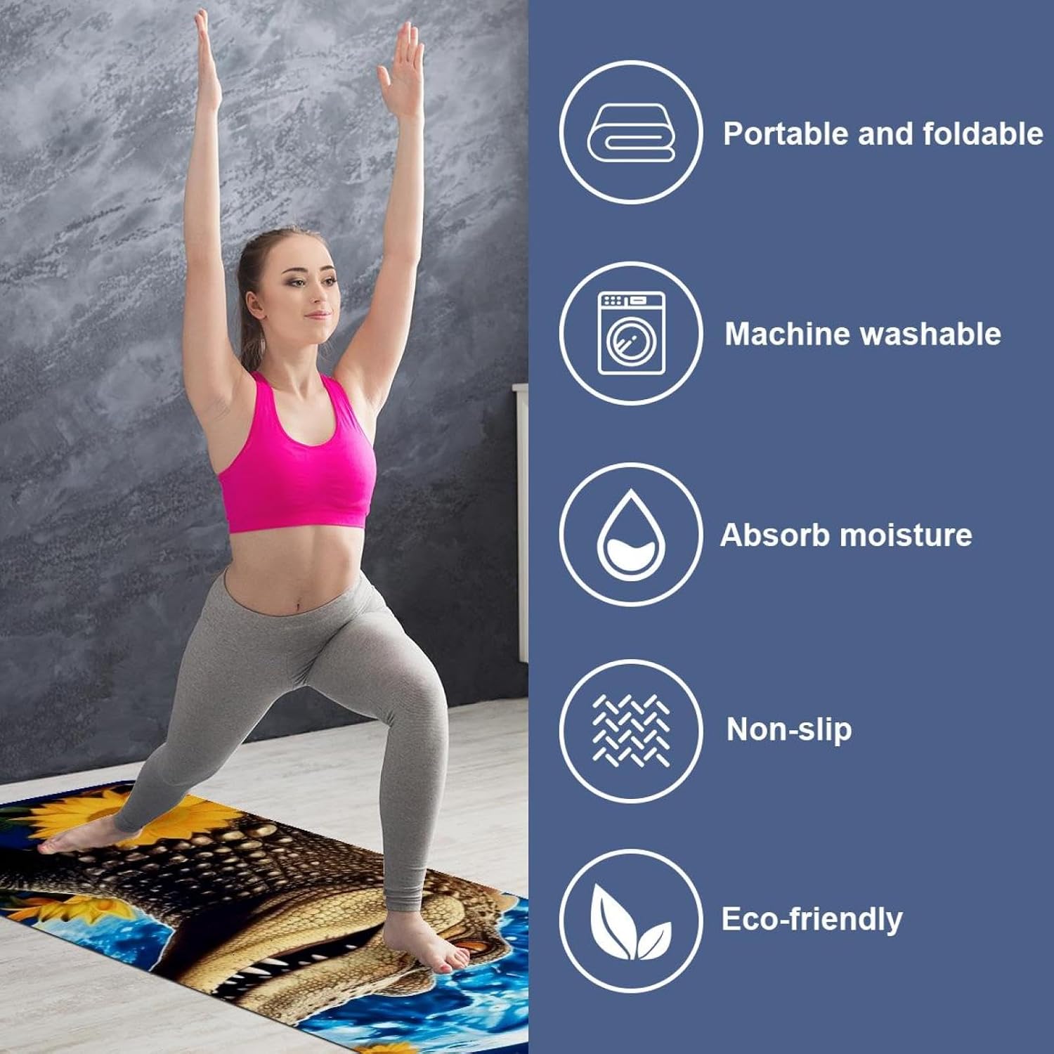 Yoga Towel, Crocodile Star Sunflower Non Slip Sweat Absorbent Hot Yoga Mat Towel for Hot Yoga, Pilates and Fitness - 72.8" x 26.8"